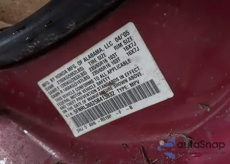 2005 Honda Odyssey Ex-L z USA, uszkodzony, nr VIN 5FNRL38625B413832